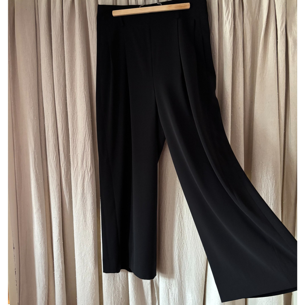 Akris Punto Black Wide Leg Trousers Pleated Cupro Lined Size 12 Career Designer